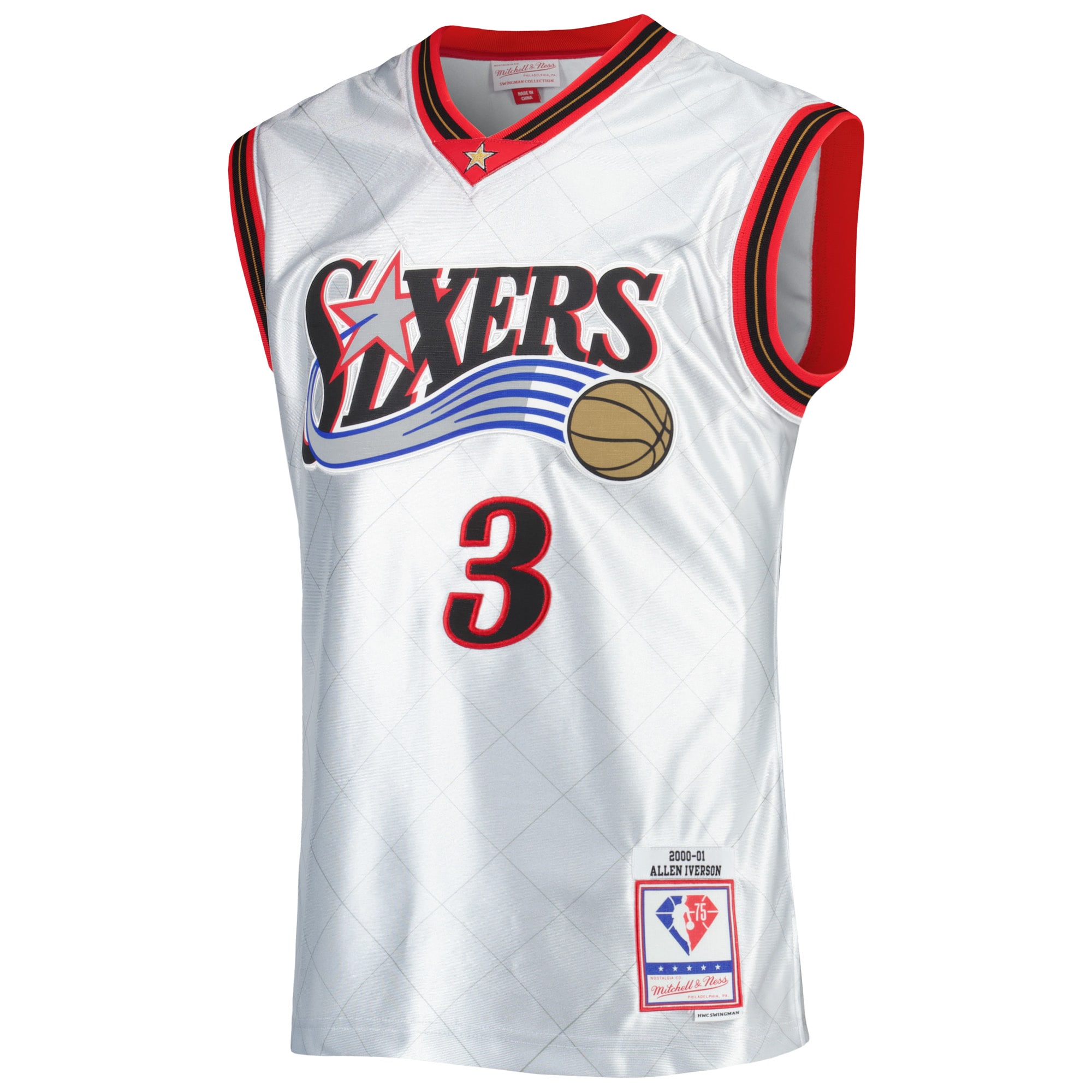 Allen Iverson Philadelphia 76ers Mitchell & Ness 2000/01 Hardwood Classics 75th Anniversary Swingman Jersey – Platinum Clowdercats