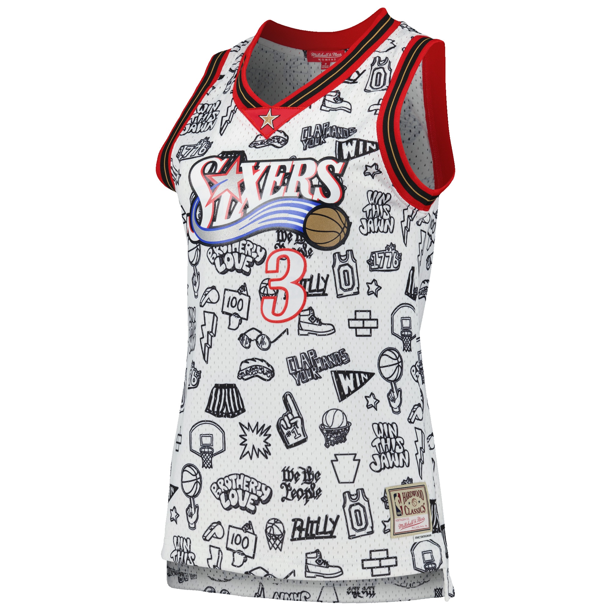 Allen Iverson Philadelphia 76ers Mitchell & Ness Women’s 2000 Doodle Swingman Jersey – White Clowdercats