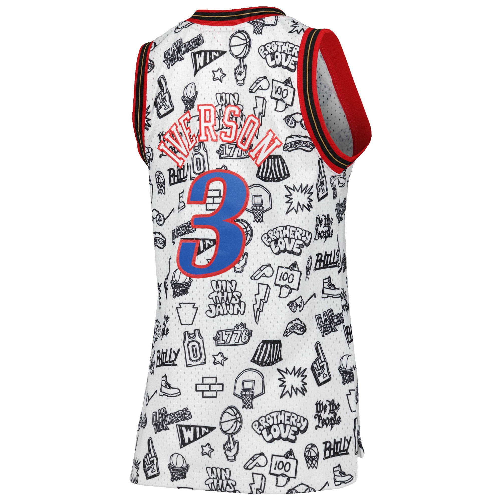 Allen Iverson Philadelphia 76ers Mitchell & Ness Women’s 2000 Doodle Swingman Jersey – White Clowdercats