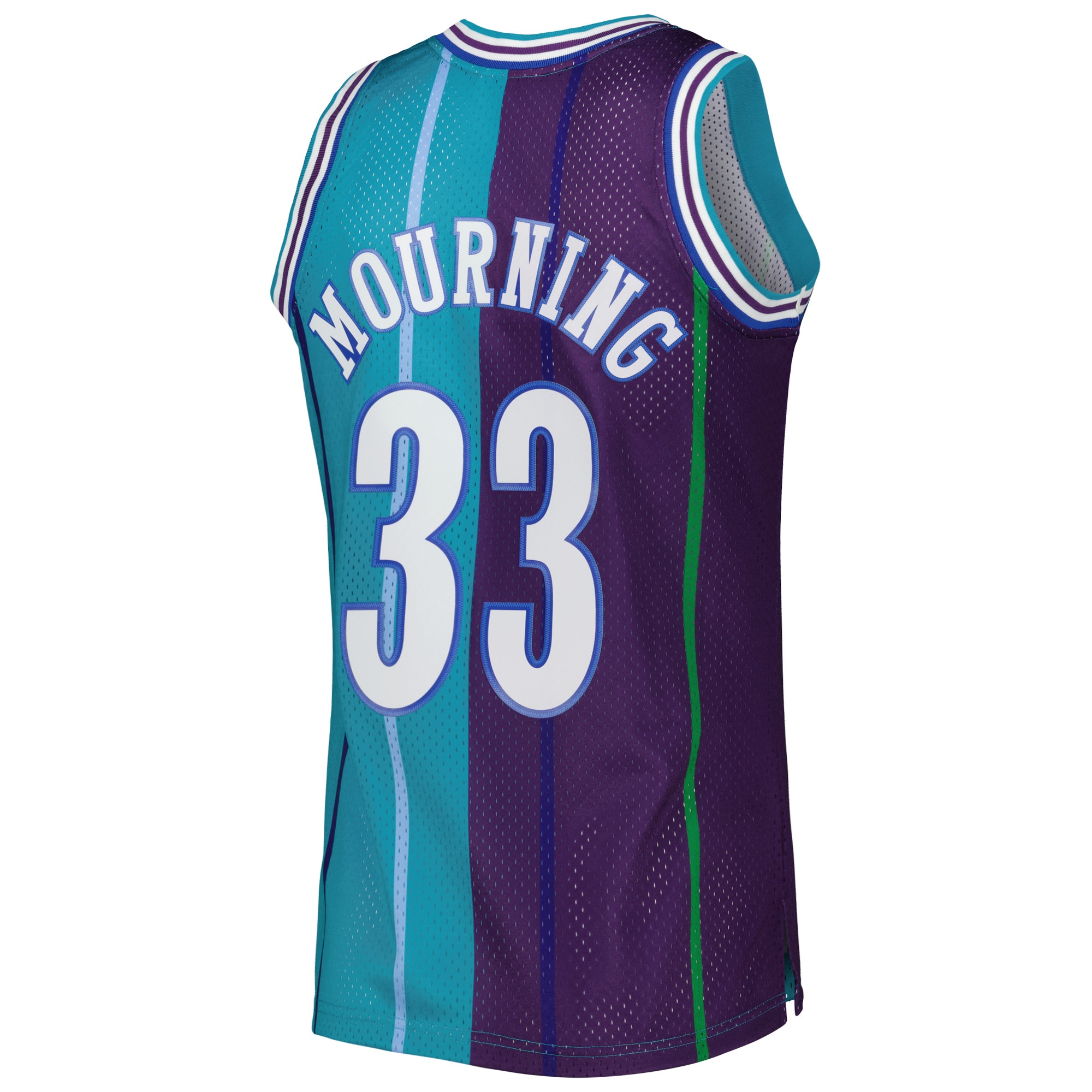 Alonzo Mourning Charlotte Hornets Mitchell & Ness Hardwood Classics 1992/93 Split Swingman Jersey – Teal/Purple Clowdercats