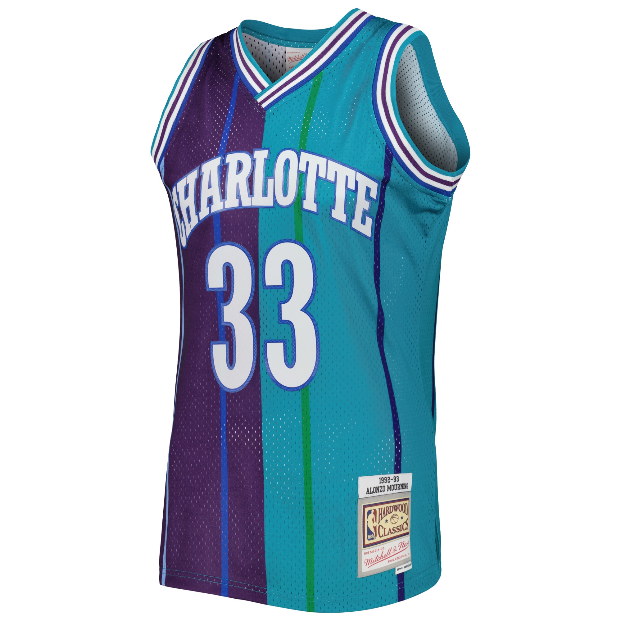 Alonzo Mourning Charlotte Hornets Mitchell & Ness Hardwood Classics 1992/93 Split Swingman Jersey – Teal/Purple Clowdercats