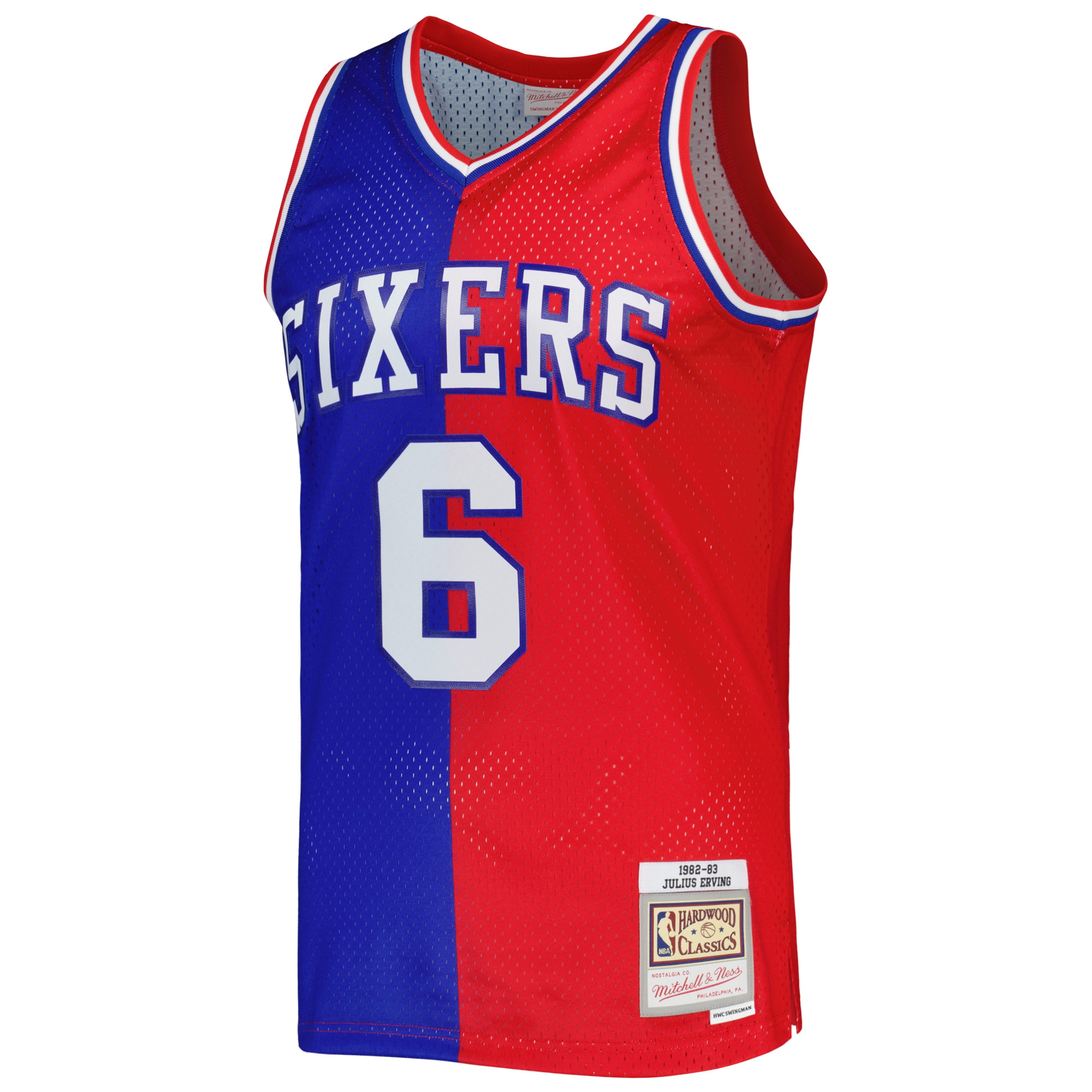 Julius Erving Philadelphia 76ers Mitchell & Ness Hardwood Classics 1982/83 Split Swingman Jersey – Royal/Red Clowdercats