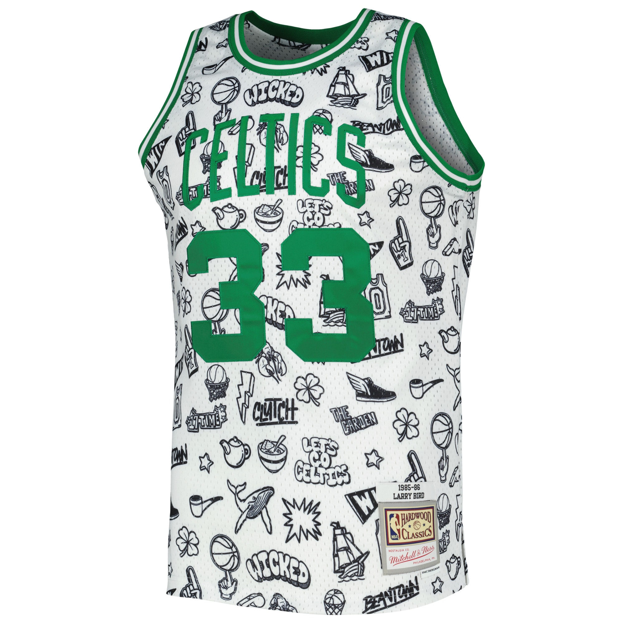 Larry Bird Boston Celtics Mitchell & Ness 1985/86 Hardwood Classics Doodle Swingman Jersey – White Clowdercats
