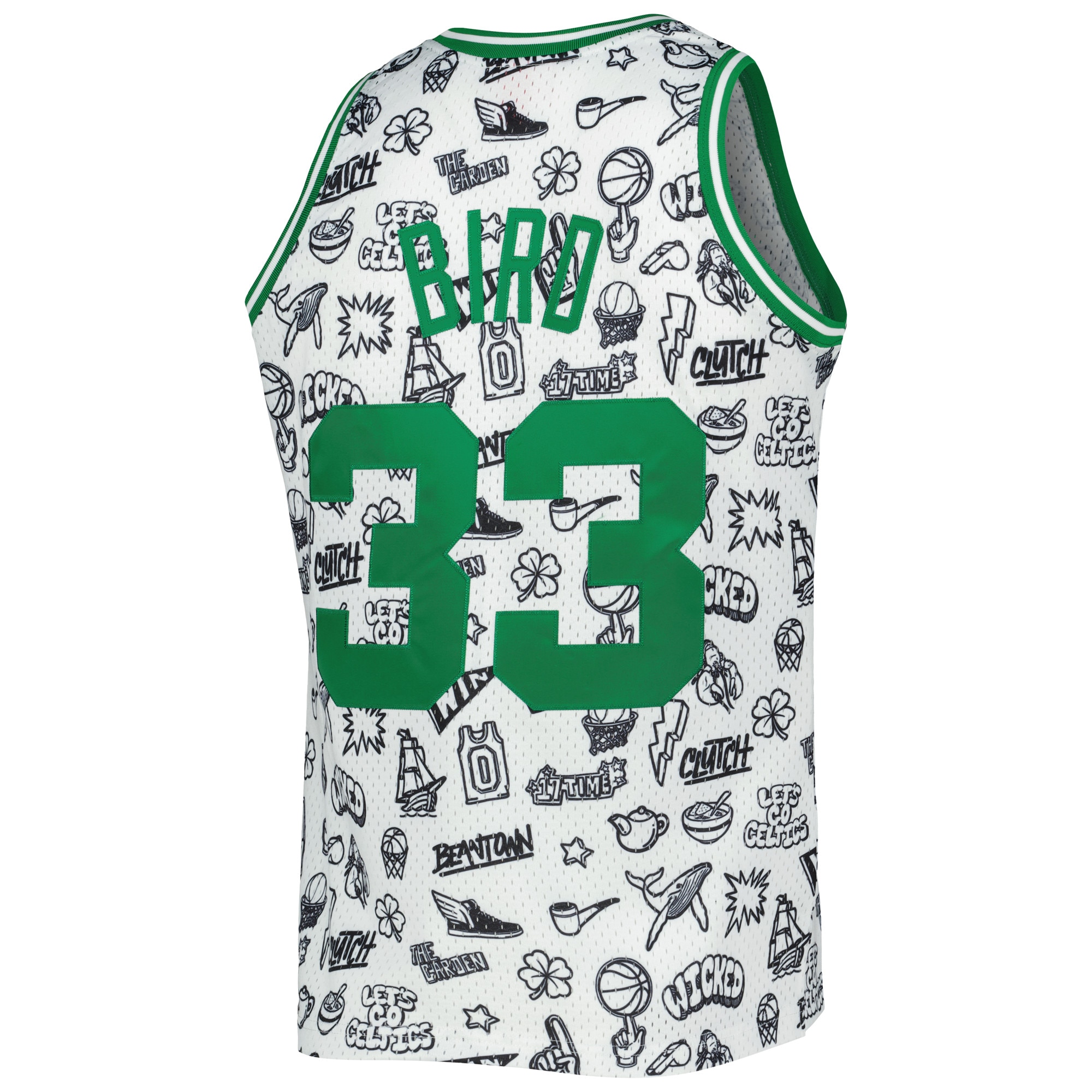 Larry Bird Boston Celtics Mitchell & Ness 1985/86 Hardwood Classics Doodle Swingman Jersey – White Clowdercats