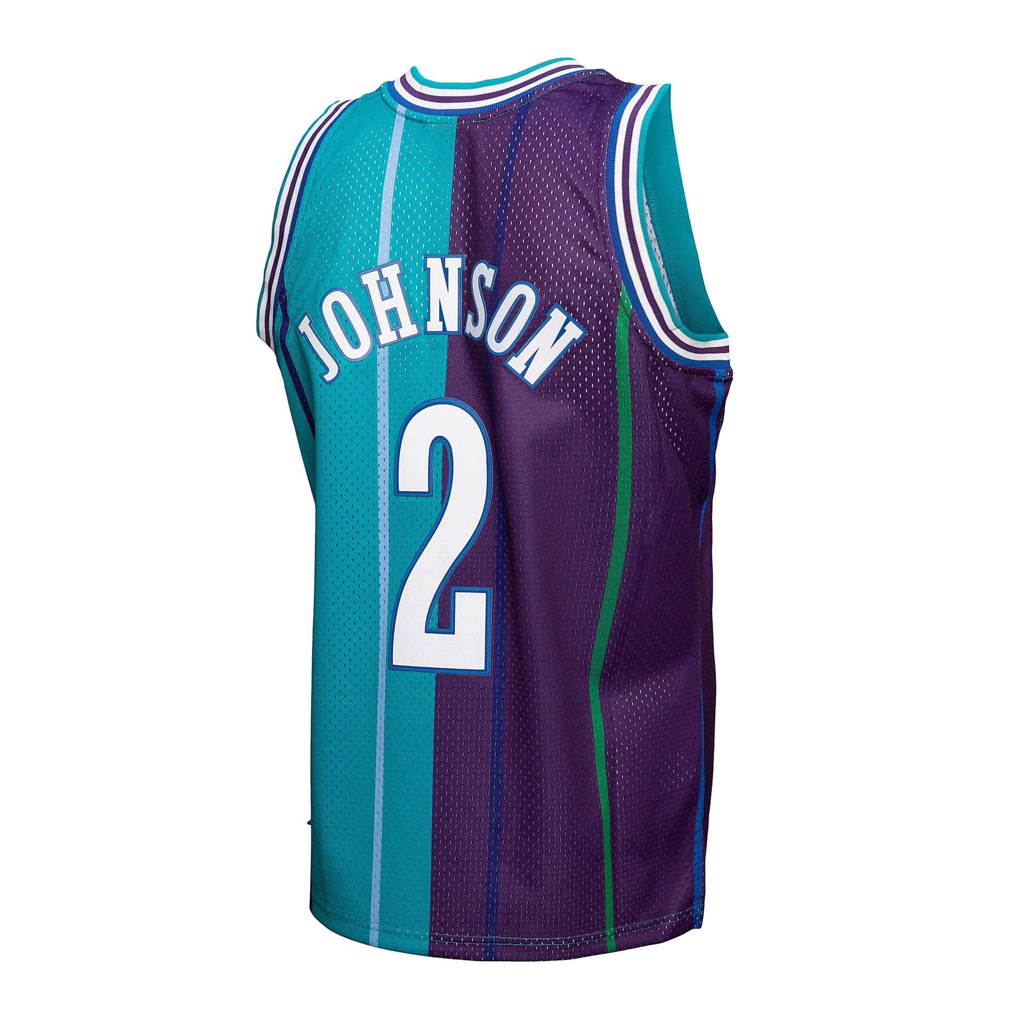 Larry Johnson Charlotte Hornets Mitchell & Ness Hardwood Classics Mitchell & Ness Split Swingman Jersey – Teal/Purple Clowdercats