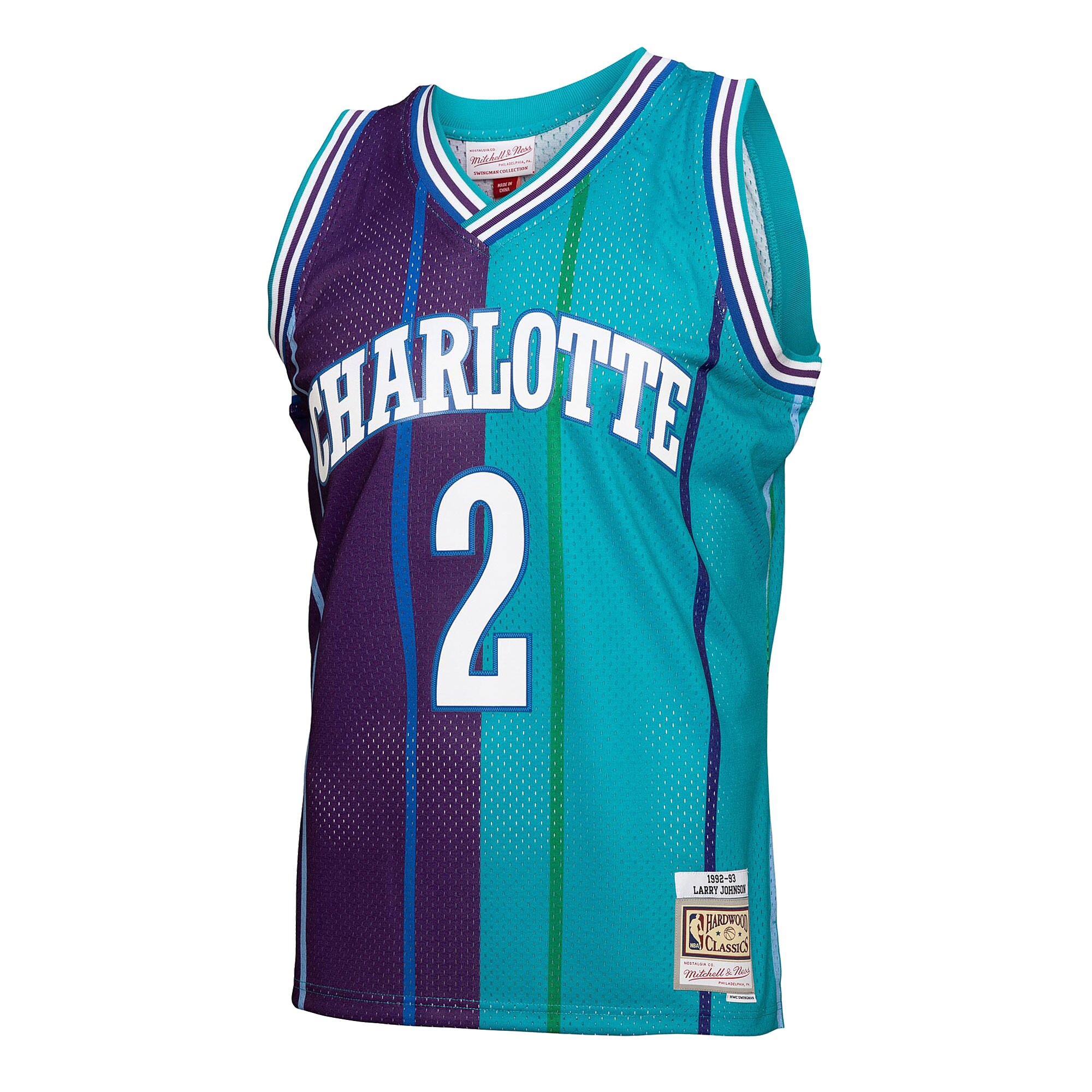 Larry Johnson Charlotte Hornets Mitchell & Ness Hardwood Classics Mitchell & Ness Split Swingman Jersey – Teal/Purple Clowdercats