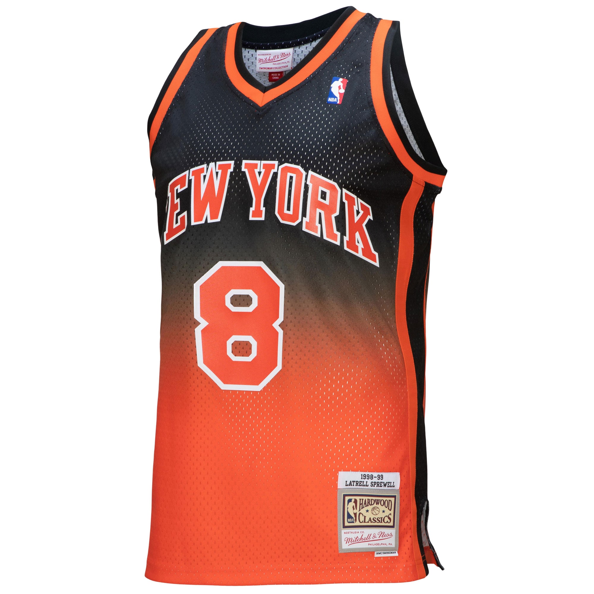 Latrell Sprewell New York Knicks Mitchell & Ness 1998/99 Hardwood Classics Fadeaway Swingman Player Jersey – Orange/Black Clowdercats