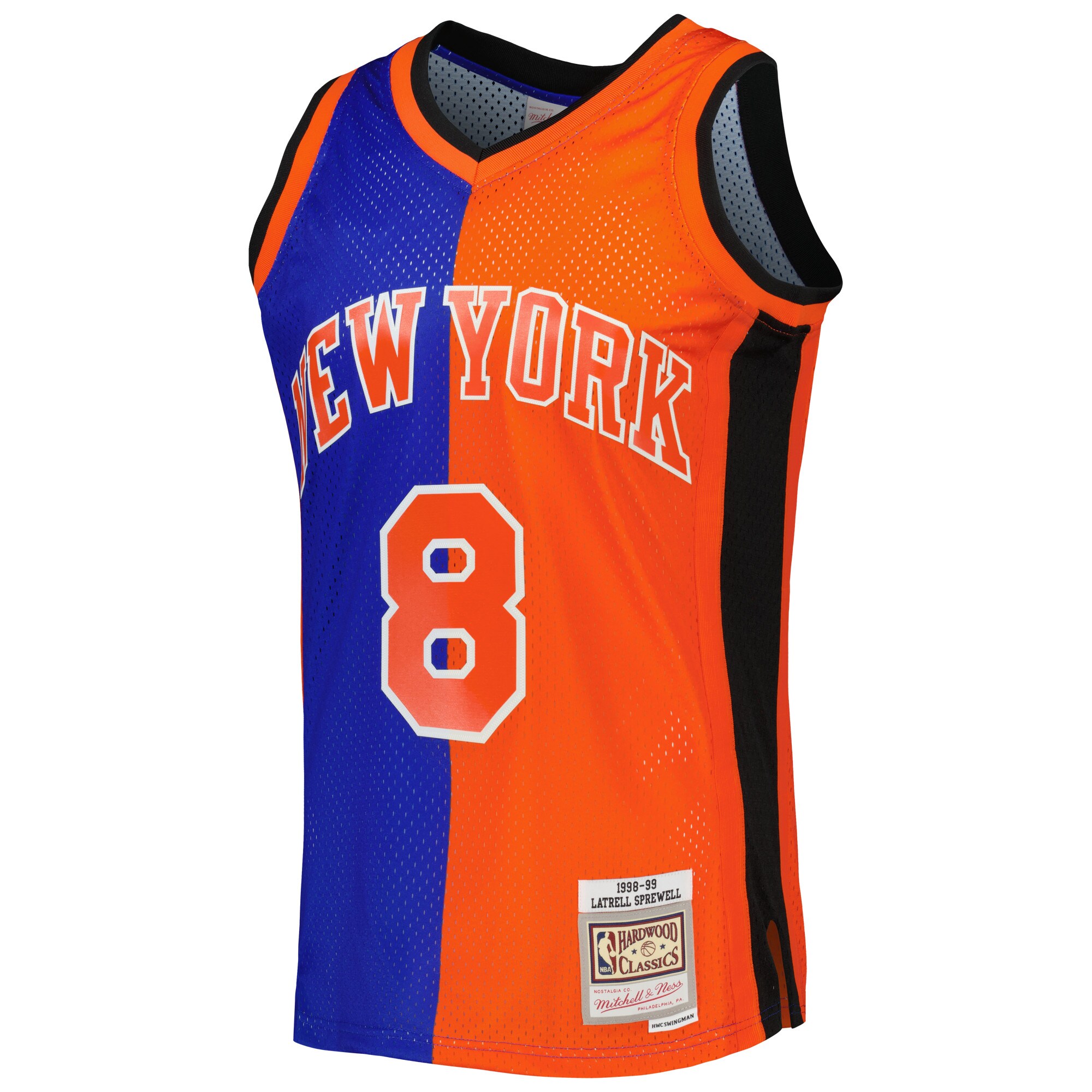 Latrell Sprewell New York Knicks Mitchell & Ness Hardwood Classics 1998/99 Split Swingman Jersey – Blue/Orange Clowdercats