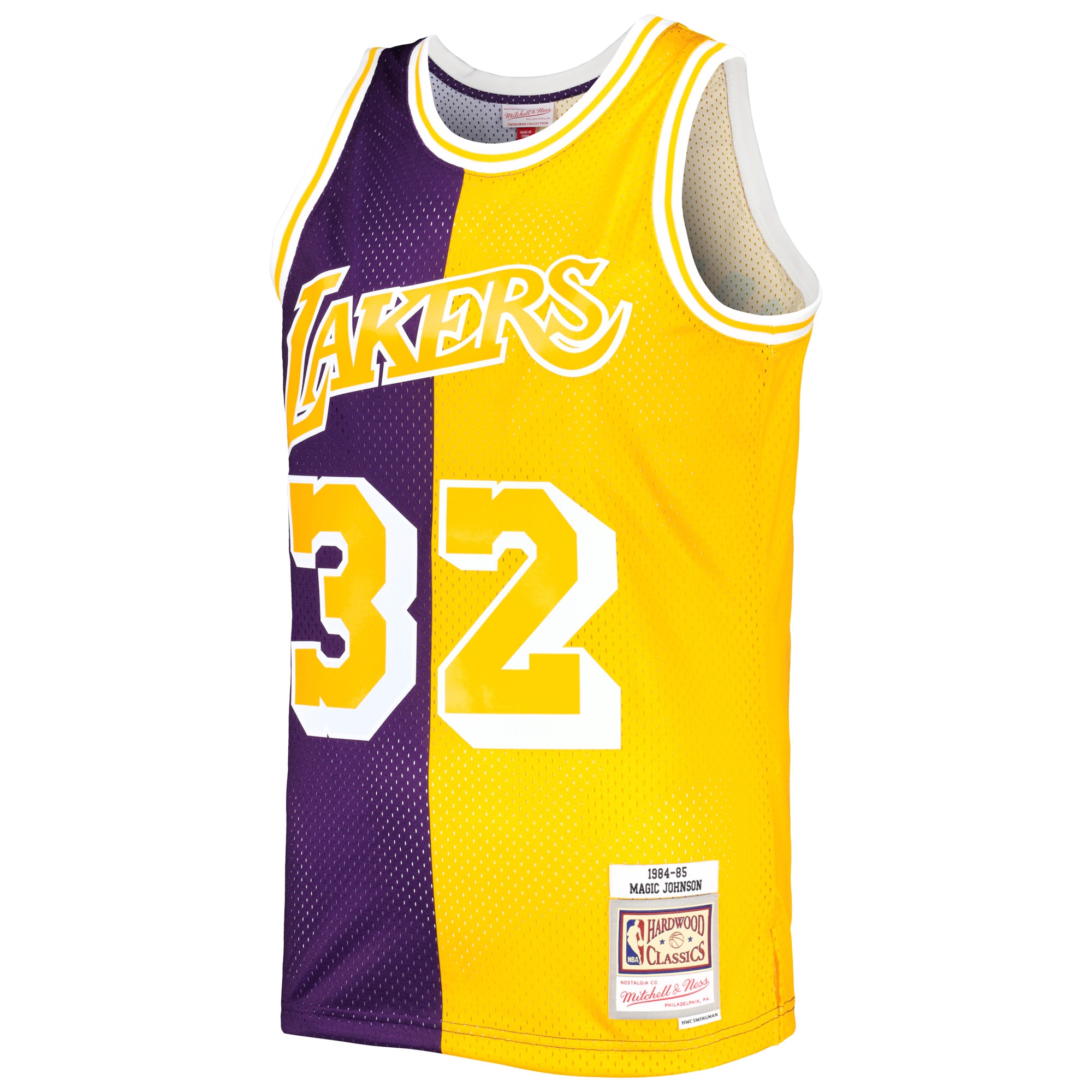 Magic Johnson Los Angeles Lakers Mitchell & Ness Hardwood Classics 1984/85 Split Swingman Jersey – Purple/Gold Clowdercats