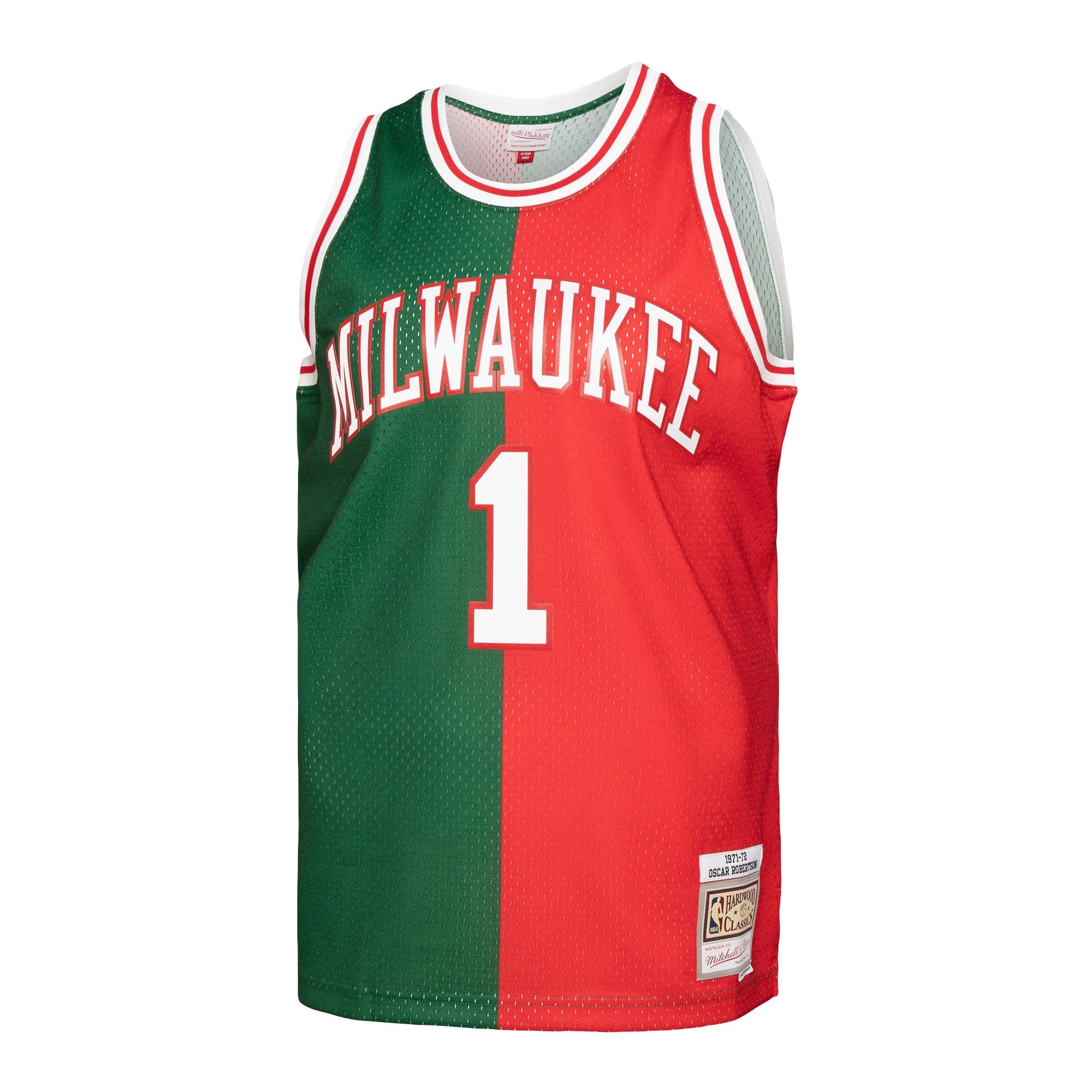Oscar Robertson Milwaukee Bucks Mitchell & Ness Hardwood Classics 1971/72 Split Swingman Jersey – Green/Red Clowdercats