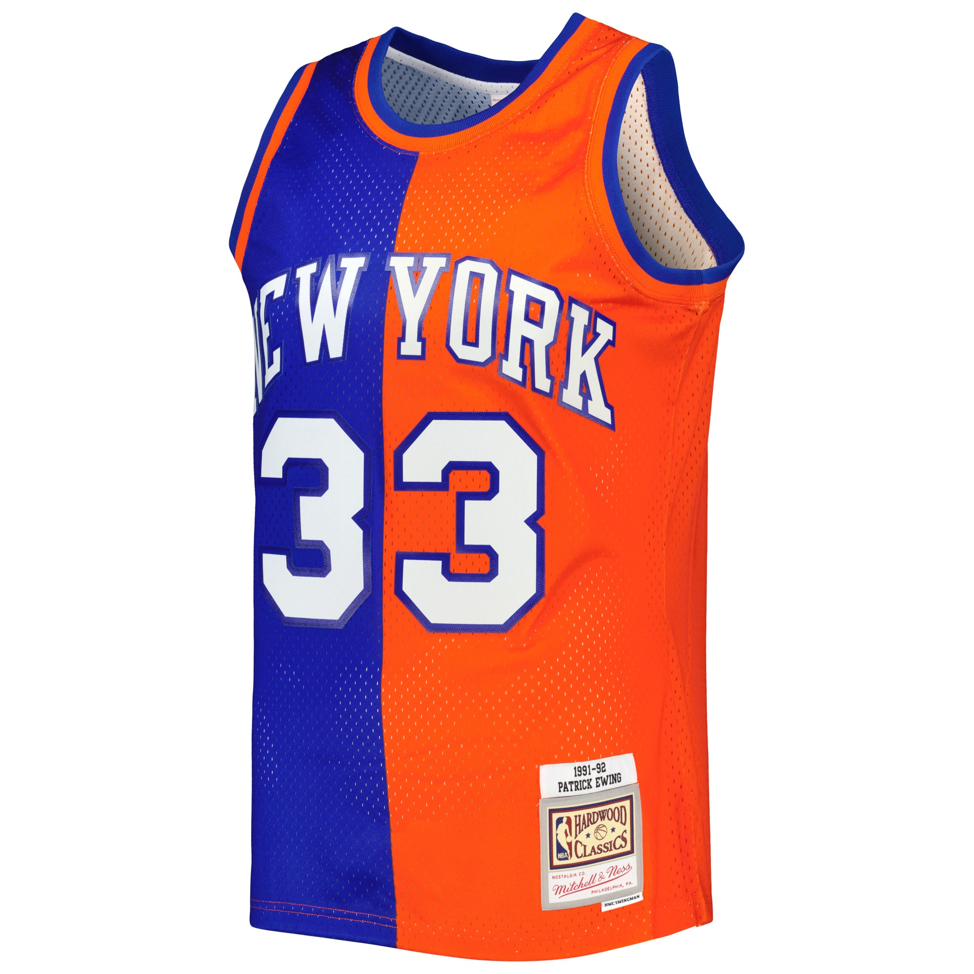 Patrick Ewing New York Knicks Mitchell & Ness Hardwood Classics 1991/92 Split Swingman Jersey – Blue/Orange Clowdercats