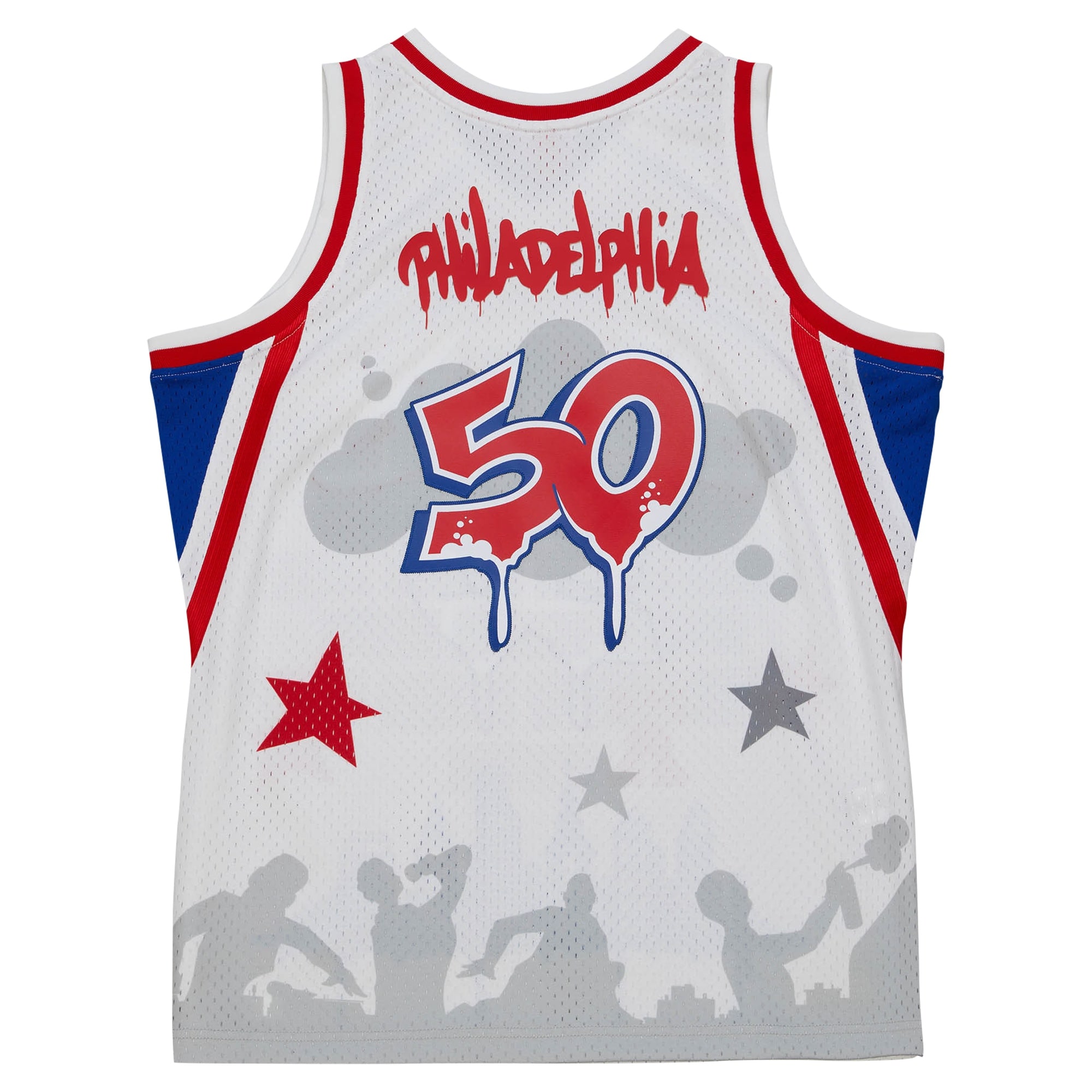 Philadelphia 76ers Mitchell & Ness x Tats Cru Hardwood Classics Fashion Jersey – White Clowdercats