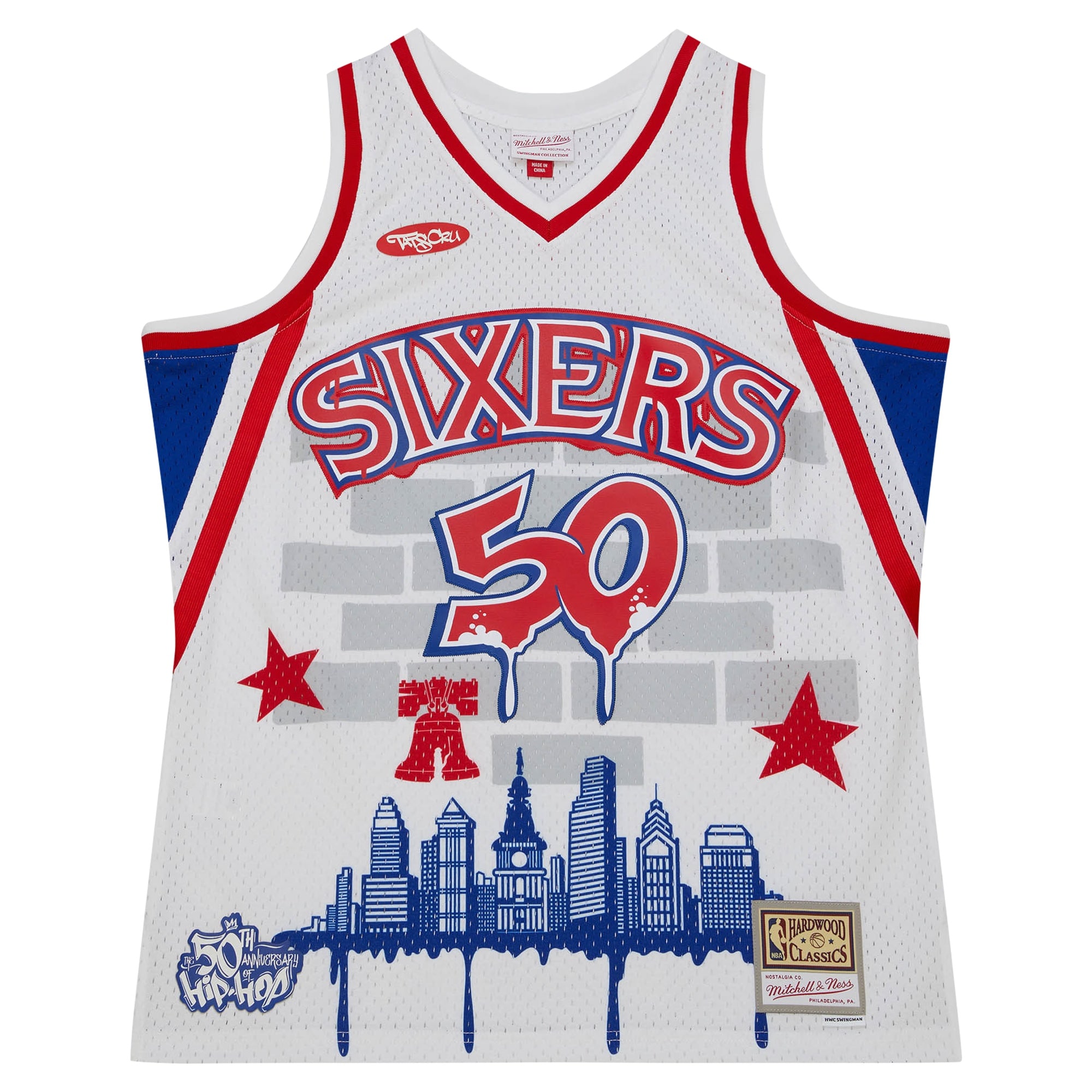 Philadelphia 76ers Mitchell & Ness x Tats Cru Hardwood Classics Fashion Jersey – White Clowdercats