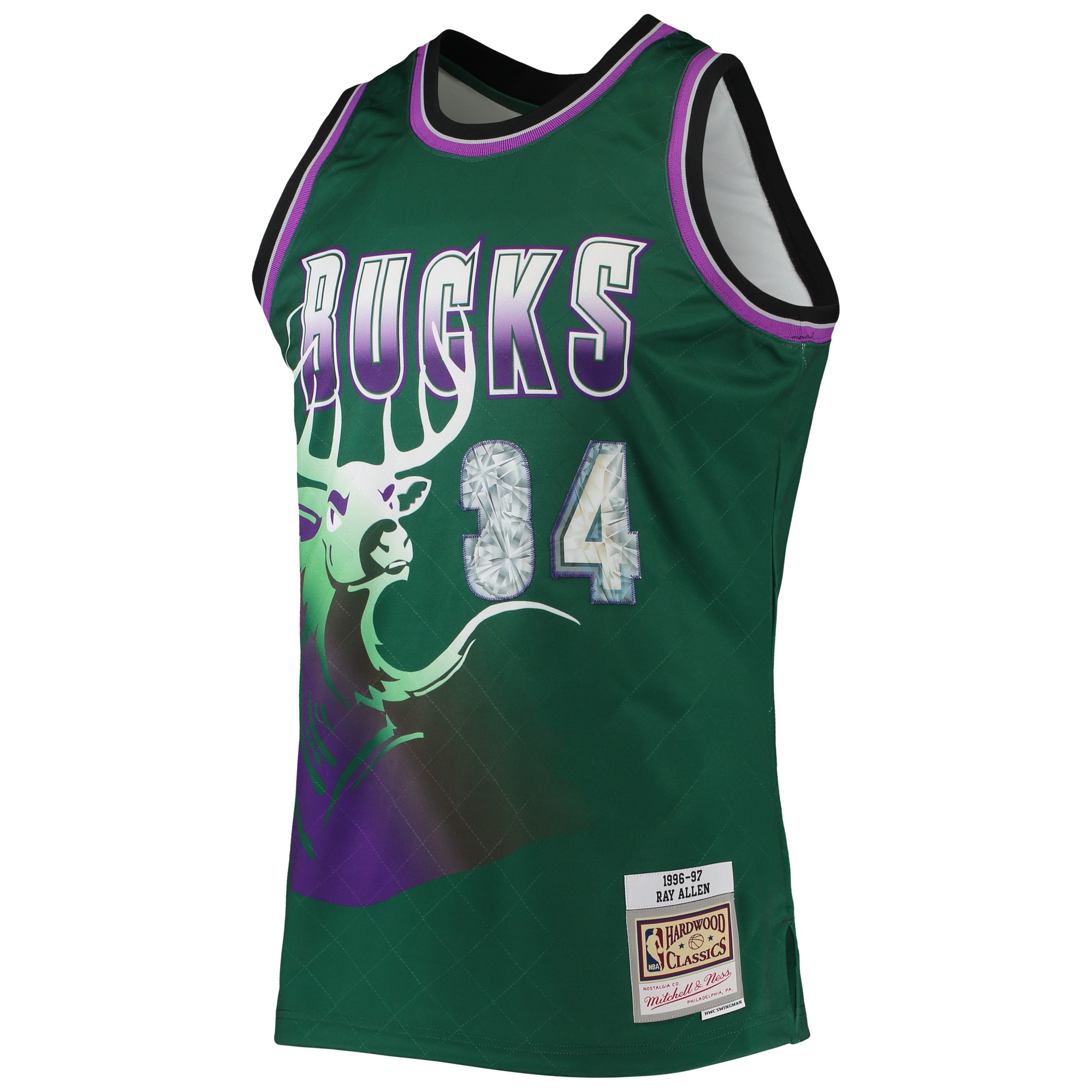 Ray Allen Milwaukee Bucks Mitchell & Ness 1996/97 Hardwood Classics NBA 75th Anniversary Diamond Swingman Jersey – Green Clowdercats