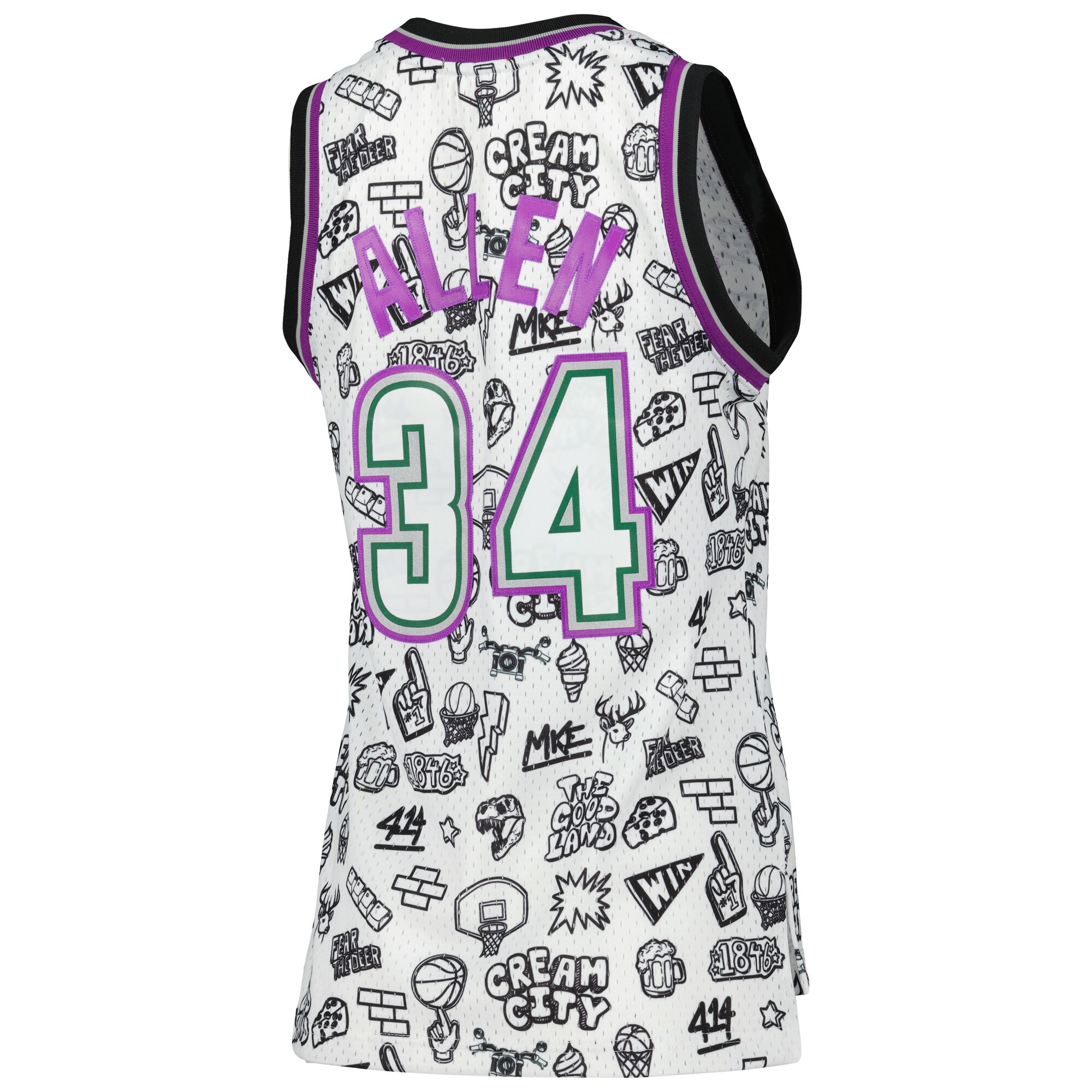 Ray Allen Milwaukee Bucks Mitchell & Ness Women’s 1996 Doodle Swingman Jersey – White Clowdercats