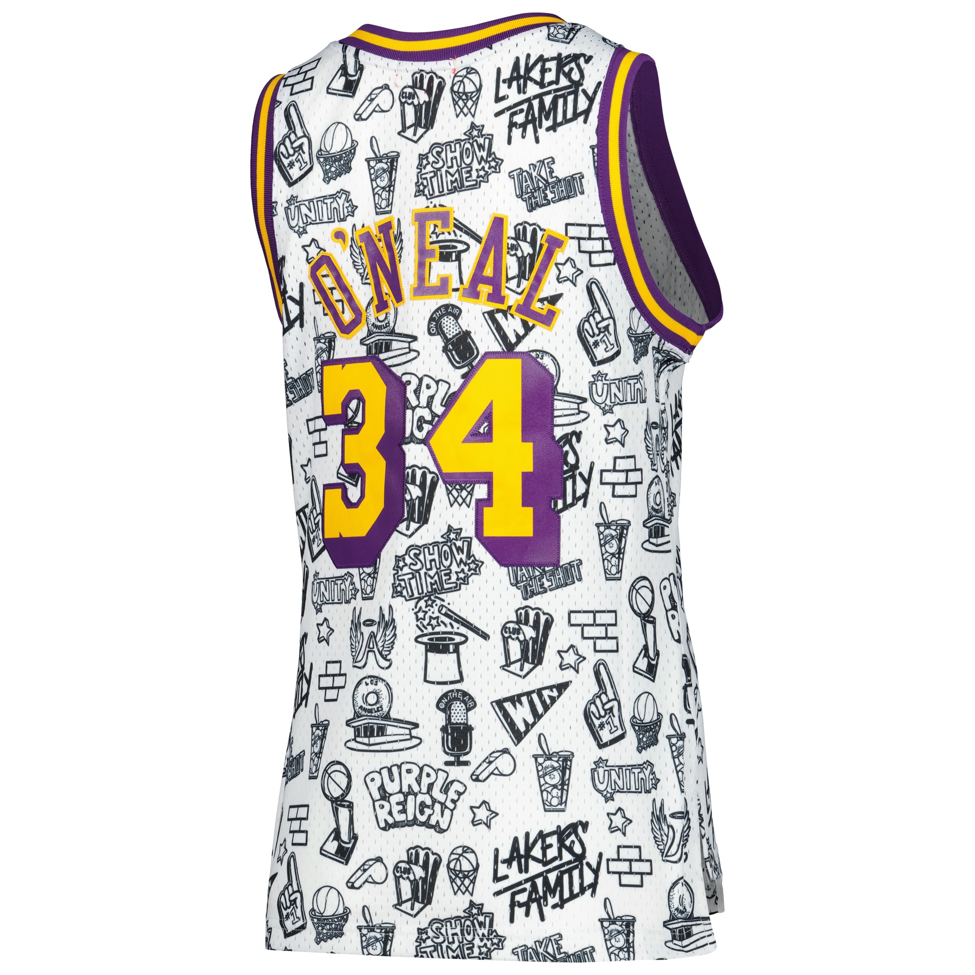 Shaquille O’Neal Los Angeles Lakers Mitchell & Ness Women’s 1996 Doodle Swingman Jersey – White Clowdercats